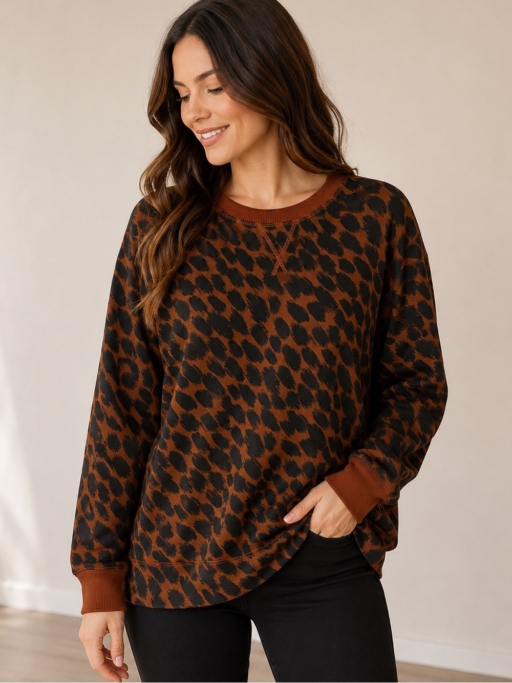 Soft Stars Above Brown and Black Crewneck Sweater